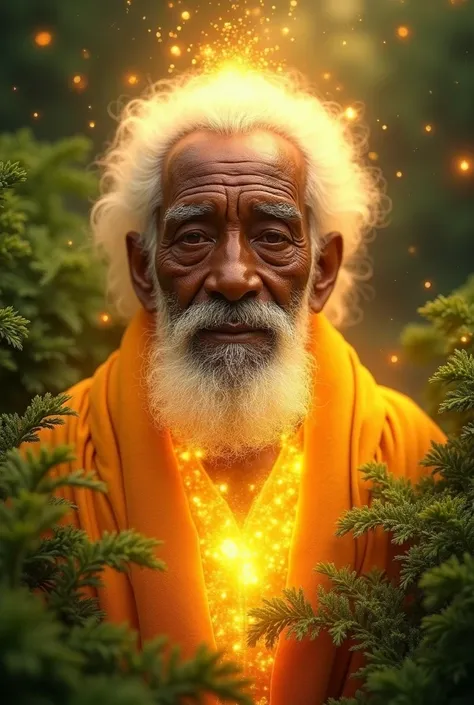 A glowing portrait of Dr. Sebi, who is a old man surrounded by Sea Moss, with a soft golden aura radiating wisdom and health."

