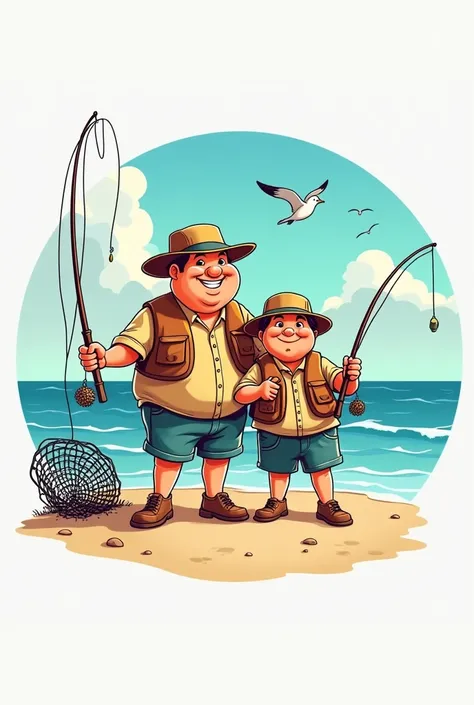  A logo for a fishing store , call " Los Gordos de la Pesca " considering that he is a father and son fishing on the seashore 
