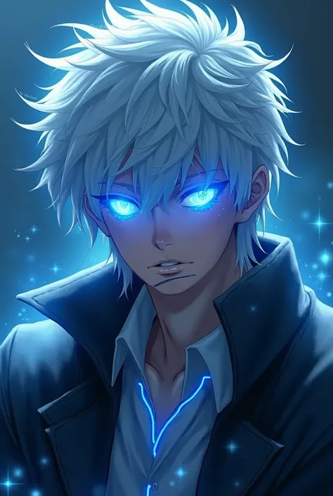 Gojo Satoru has white all-white hair and blue eyes that emit purple light