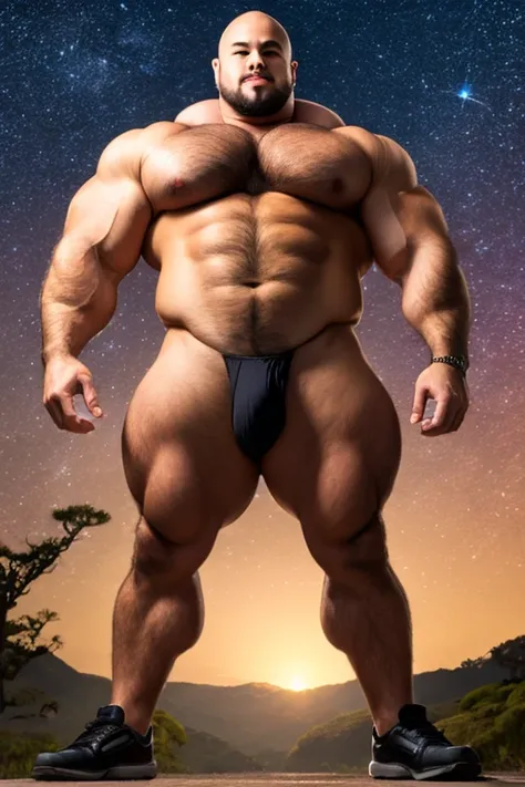 Japanese middle-age male, skinhead, shaved head, short goatee, bulky, muscler man, thick body, wearing thong, under the stary sky