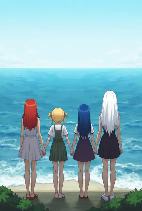  4 women holding hands and turning their backs looking at the sea,  two women on the left one redhead one blonde , equal height .  Two girls on the right one blue haired one white hair ,  white hair taller than all  