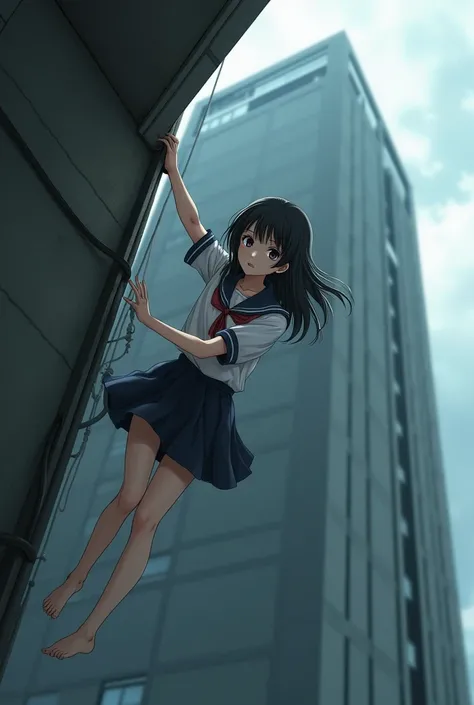 Japanese high school girl barefoot hanging on to a ledge 