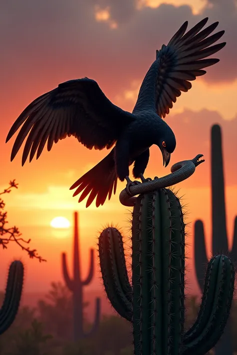 Crested CaraCara killing a snake on a cactus with a majestic sunset in the back
