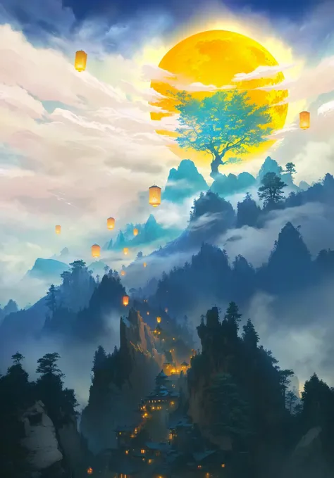 there are many lanterns flying in the sky above a mountain, glowing lights! digital painting, made of tree and fantasy valley, dreamlike digital painting, background artwork, anime landscape, fantasy landscape painting, yellow lanterns, painted as a game c...