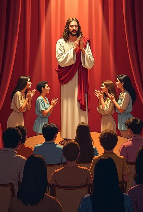 A captivating illustration of a diverse group of young adults, men and women, performing a theatrical production on a crimson stage

Red curtains. The actors are totally immersed in their roles, showing their passion and talent. In the audience, Jesus Chri...