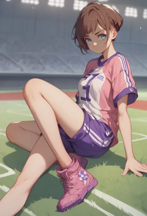 １A woman in her 30s、 full shot 、 Soccer Stadium 、 Shortcut Hair、 blue eyes、 brown hair、 serious expressions、 slim、( smaller breasts)、oversized pink uniform、purple shorts、Pink Shoes、Sprint