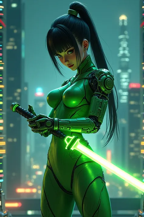 draw me a fighter with one arm made of a cyber implant, in green neon clothes and with a plate cyber katana that cuts through the enemy, on the roof of the Arasaka Tower