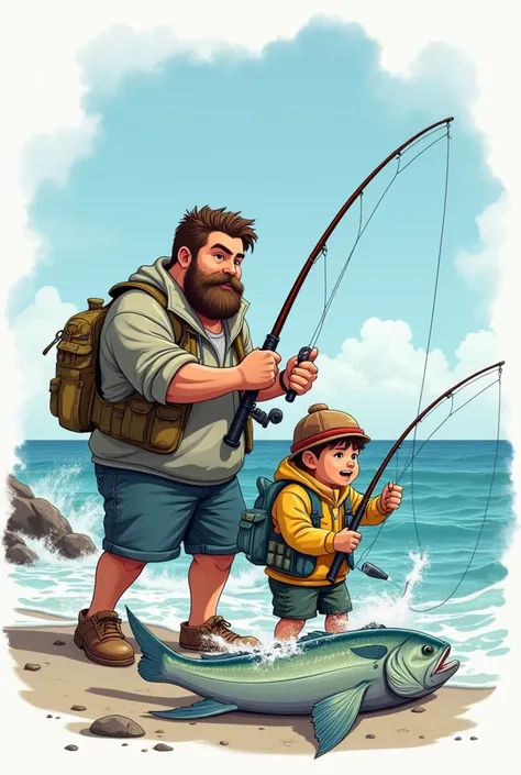  A logo for a fishing store , call " Los Gordos de la Pesca " considering that he is a father and son fishing on the seashore ,but real ,The son fighting with a croaker
A little more chubby both of you
