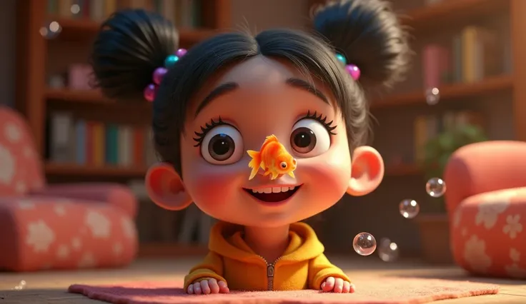 In the story "Snub Nose", the illustrious  girl has a small goldfish entering her nose, while enjoying the den. In Disney Pixar format.