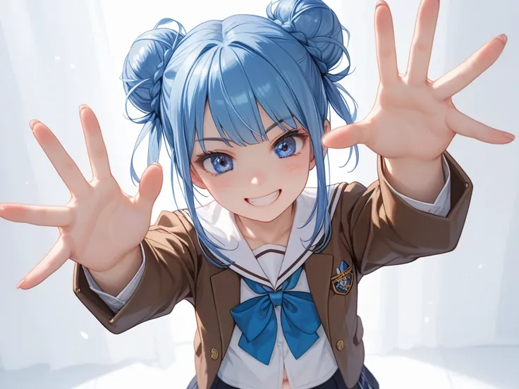 （（Girl posing for me））、（They wrap their hands around the chick with care）、Put your hands together、Align your hands in front of you、 upper body、 Im making a bun on the side of my head、Im holding my hair together with bun hair 、 brown blazer、 school uniform、...