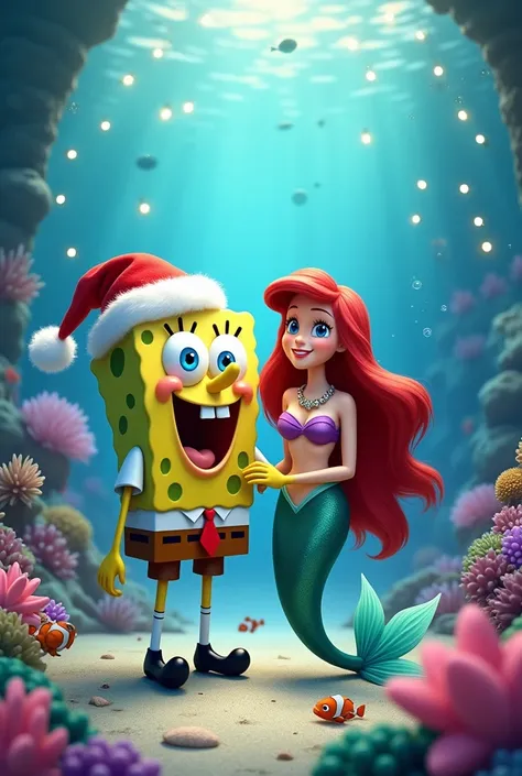 SpongeBob and the Little Mermaid Ariel sharing at Christmas