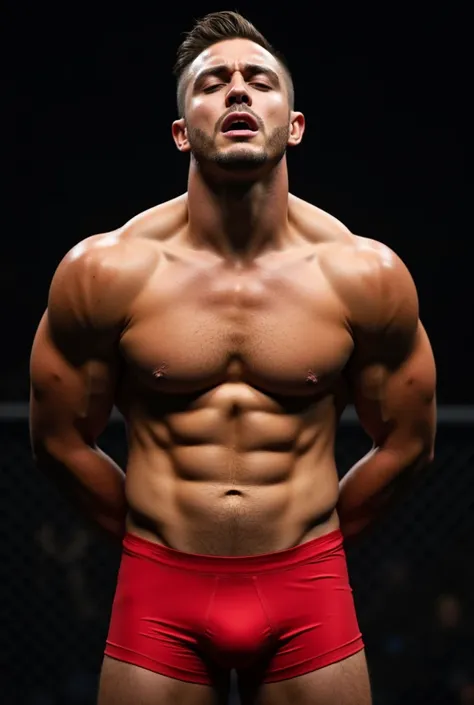 Nicholas Alexander Chavez, muscular, chiseled jaw, strong physique, undercut haircut combed back, short beard, showing off his well-defined physique. His skin glistens with sweat, highlighting his bulging muscles, Muscular man radiates weakness and pain, h...