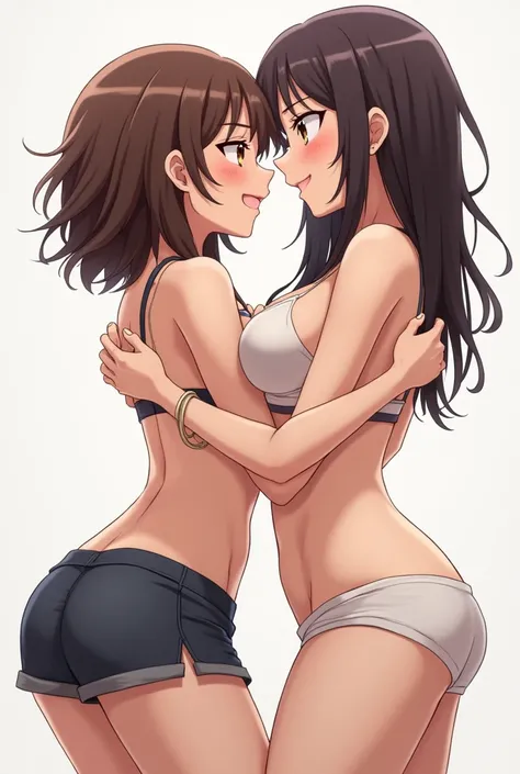 Two female anime characters of the same height with large breasts hugging each other as their breasts squeeze in the process and their erect nipples touch each other conspicuously underneath their bonded clothes, Make the nipples more evident,  increase br...