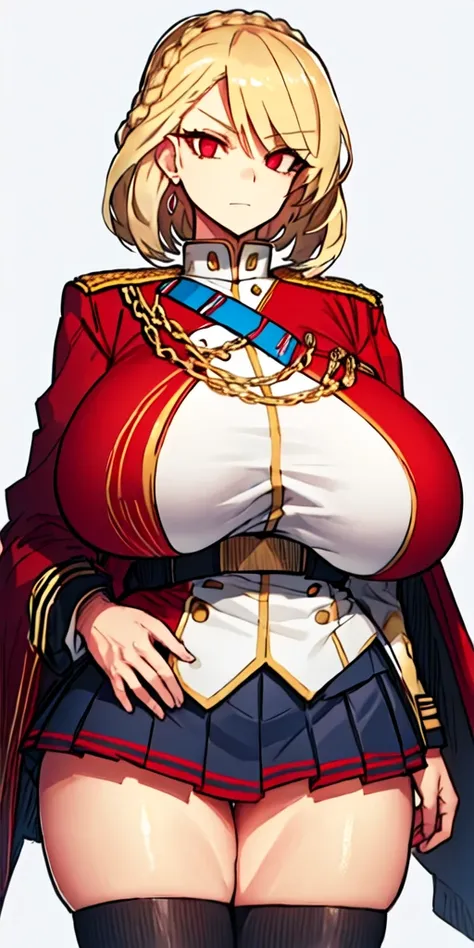 (Matte texture), (cowboy shot:1.1), 1 woman, (blonde hair), (short bob), (red eyes), (long eyelashes:1.1), (sharp eyes), (detailed eyes:1.1), (sensual body),  (gigantic breasts:1.3), (thick thigh:1.1), (wide hip), (military uniform, pleated skirt), (simple...