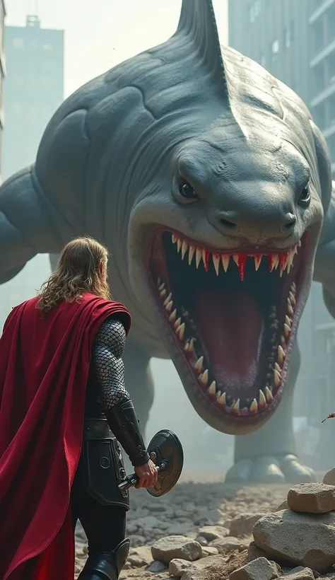 "Thor, in his iconic red cape and black armor with silver detailing, wielding Mjolnir, faces off against a colossal, battle-scarred shark-like creature with bloodied teeth, in a smoky, rubble-filled urban battleground."






