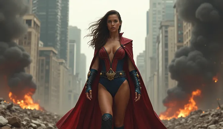 A realistic cinematic image for a female Doctor Strange, She must wear the swimsuit style costume with (v-neck) inspired by the Doctor Strange version and is in the middle of a city in destruction