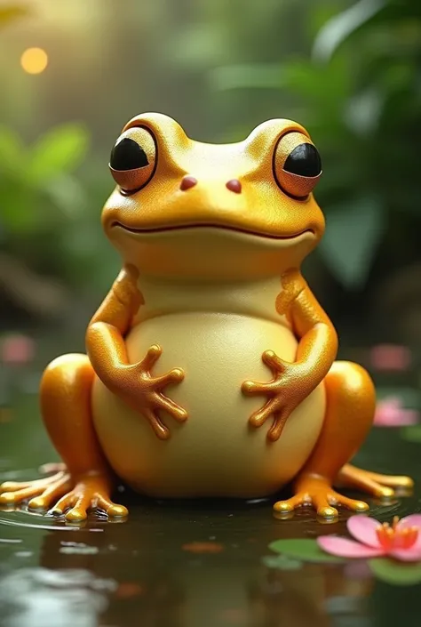 A humanoid-shaped golden frog with a chubby, profiled body 
