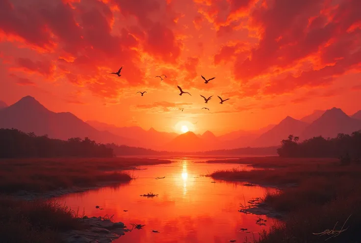 Highest quality, high resolution, best composition,  a flock of geese flying through the sunset, large sunset, sky and river surface dyed red, wetlands, distant mountain range, fantastical worldview, cinematic tones and lighting, a landscape painting depic...