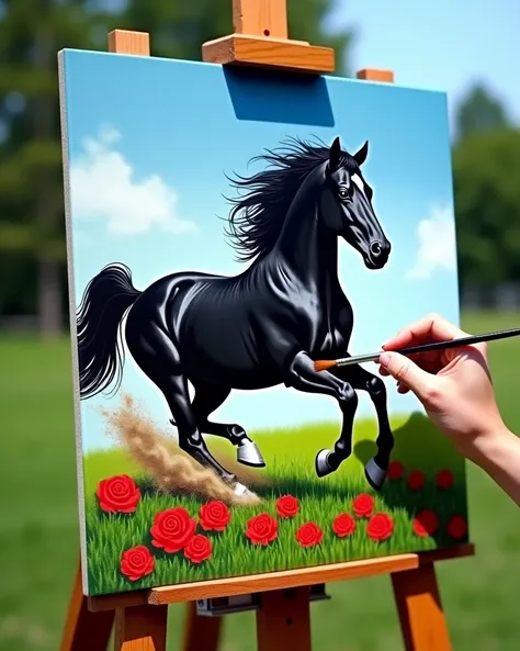 Realistic photography style. A scene of artistic creation, vibrant and artistic. The main subject is a painting fixed on an easel of a black stallion running on green grass, the hair of the stallions body is steed black, bright and shiny, the black stallio...