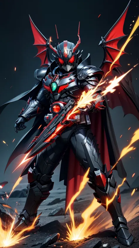  Kamen Rider ,Horns growing from cheeks, black metallic armor,Red eyes, Mechanized Dragon Wings ,Black Cape,luminous body line ,Has a gunblade,Transformation belt to insert a gun , holding a weapon 