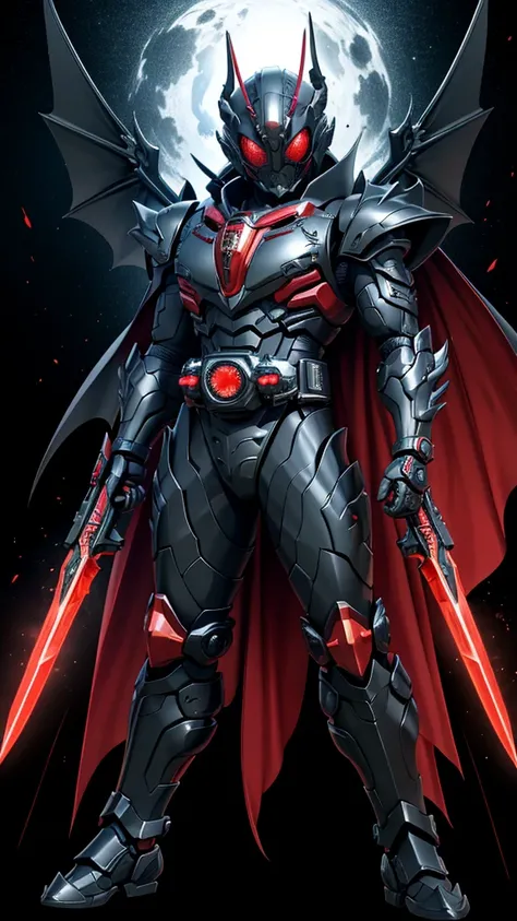  Kamen Rider ,Horns growing from cheeks, black metallic armor,Red eyes, Mechanized Dragon Wings ,Black Cape,luminous body line ,Has a gunblade,Transformation belt to insert a gun , holding a weapon 