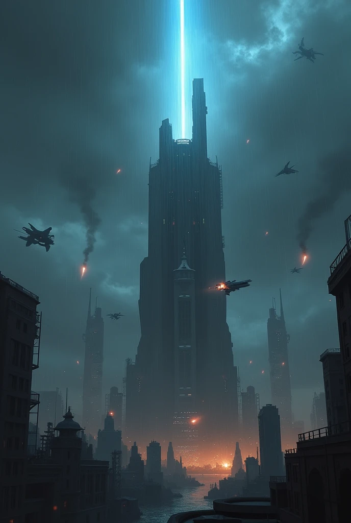 art conceptual  |  A dark and rainy night that falls on a futuristic and dystopian city, a squad of attack ships shooting at an armored tower with a blue light pointing skyward