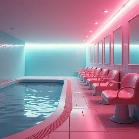 liminal space,  , Water slides, poolrooms , Swimming pools, HAIR SALON, HAIR SALON años 50, 50&#39;s style,  pastel colors ,  pastel pink , pastel blue ,  pink and pastel blue tile walls, sillas de HAIR SALON, neon light, vhs filter, blurred, Punto de vist...