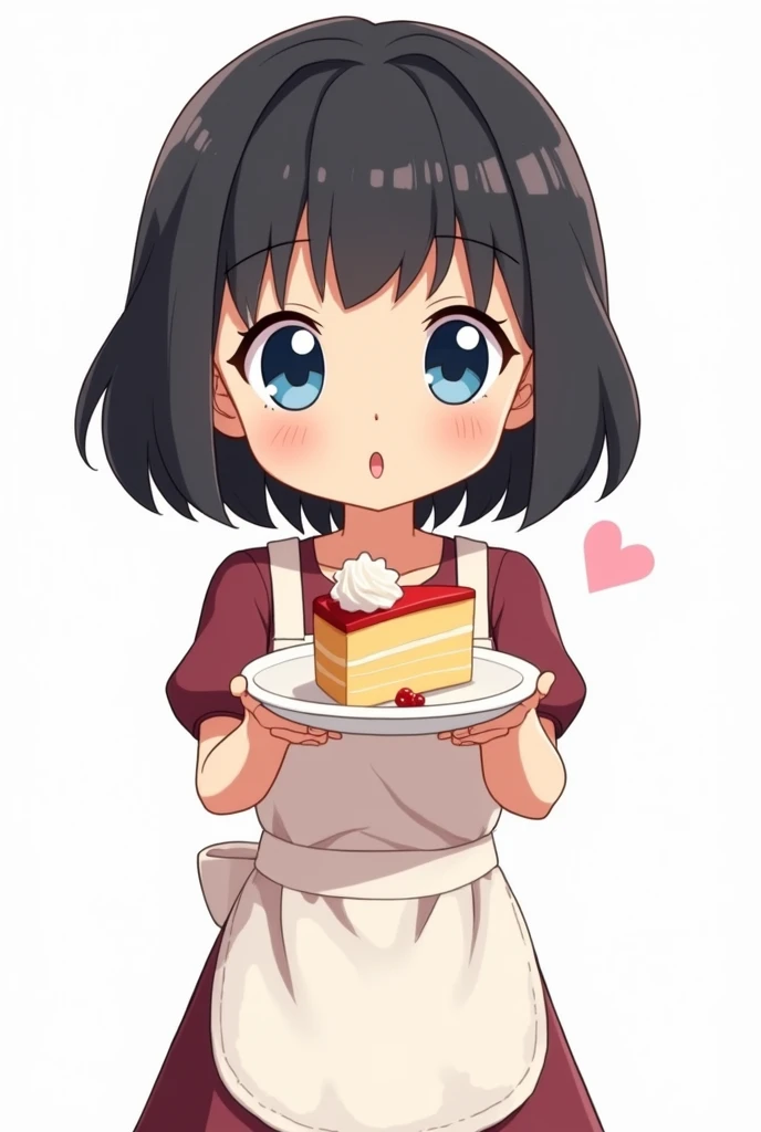  A black-haired girl, blue eyes , animated style a burgundy dress and a white apron holding a piece of cake. Make Monicas Gang . Do it with a white background. Dont do it with an anime style
