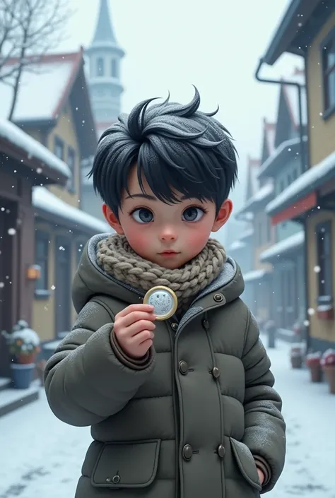 a boy with a clothes button in his hand against a background of a snowy town 