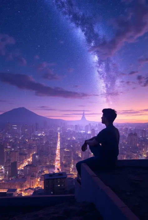 A wide shot of Nebralis, the skyline bathed in the glow of the River of Stars, which arcs through the sky like a celestial bridge. Kim sits on the edge of a rooftop, gazing upward, his face serene as he contemplates the vastness of the universe. Wherein Ki...