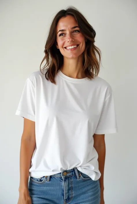 photo portrait de cette personne de stature moyenne, avec une posture droite, un style à la fois soigné et accessible. Un sourire confiant, des yeux expressifs et une tenue décontractée, un tee-shirt blanc et un jeans. Un fond simple comme un studio photo.