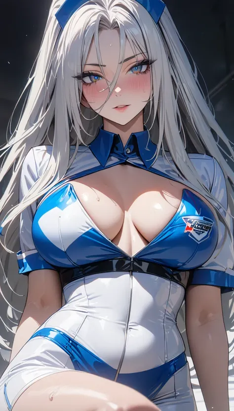 masterpiece , modern, Verism, masterpiece, super detail, best quality, 4K ,((Adult face)), woman,Wearing a white coat,Mature woman アメスク Rubia ojos azules 
Cabello azul, Plano americano, Cabello largo, Senos grandes, Ojos azules,race_queen Sexy Nurse 