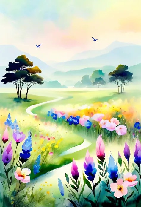 Soft tones， lightweight style ，Comfortable and calm，Nature，Warm and cozy，garden， This watercolor painting shows the beautiful scenery of wildflowers and peach blossoms in a field。The picture is dominated by a white background ， highlights the vibrant color...