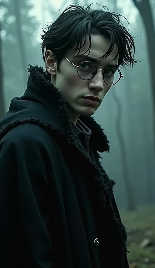 Voldemort, a tall, pale man with serpentine skin. , , red eyes and a frayed black robe, casts a spell impossible to stop..  Harry, a young man with messy black hair and broken glasses, falls ,  his wand breaks 