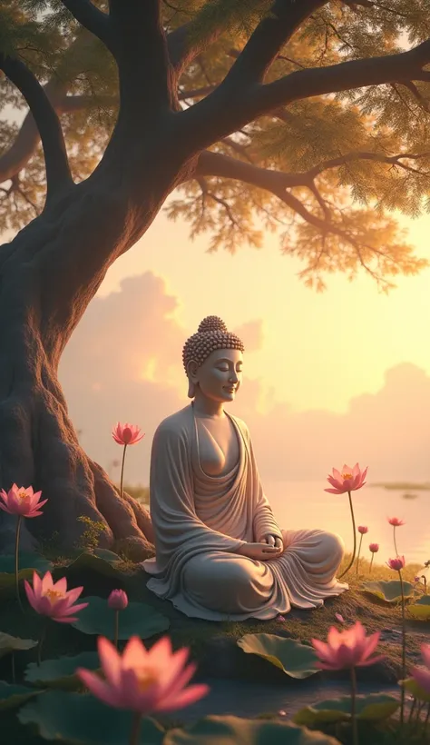 " A serene representation of Buddha meditating under a Bodhi tree, with soft light around,  creating an aura of peace and tranquility .  The image must convey calm and wisdom ,  with the Buddha wearing a simple robe and a quiet smile .  The background can ...