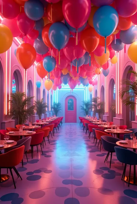 Make me a reception room for 20 people in the colors of a carnival but dont bring people in just leave all the props and decorations like balloons and neon bars