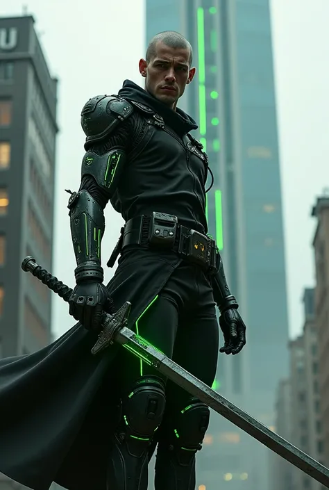 draw me a man with one arm made of a cyber implant, and a slightly scarred face, in black clothes and with green neon on the sides, and with a plate cyber katana that stretches, and behind him stands Arasaka Tower from CyberPunk