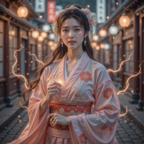 ((high quality、8K、masterpiece:1.3))、Selfie、 beautiful woman with perfect body:1.4、(Brown long hair、Normal chest:1.3)、(Japanese floral yukata)、 highly detailed facial features {x}、  Delicate eyes  、Double eyelids、A smile:1.5、whole body、sacrifice、 On the Str...