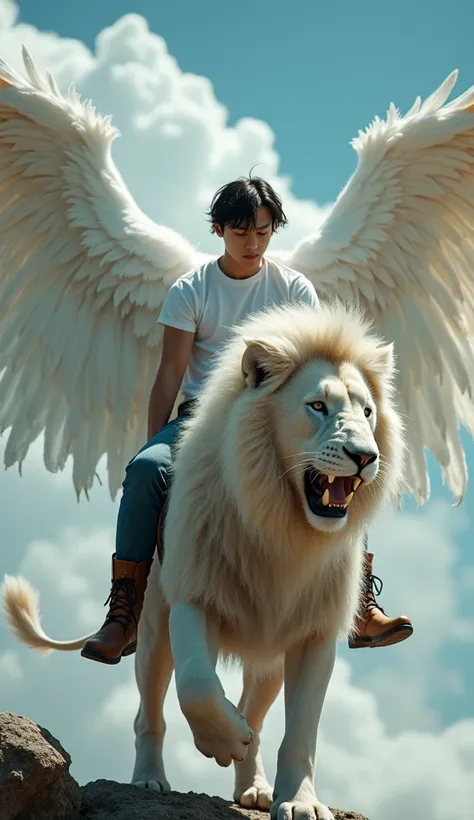 A close up handsome korean man with fast hair, white t-shirt, jeans and boots with a lion, with magical creatures, emma watson as an angel, emma watson as the queen of ice, exquisite and handsome wings, with large wings, the man riding is on the lion, beau...