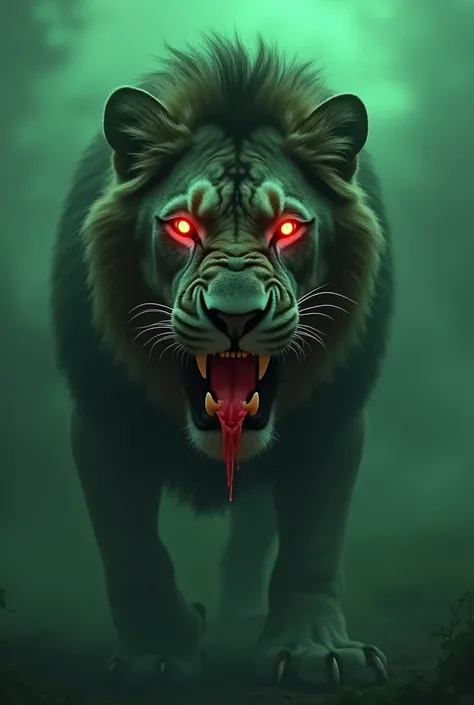 A fierce black wolf with glowing green eyes and sharp fangs, dripping saliva, emerging menacingly from an eerie green mist, cinematic composition, photorealistic details, intense focus on the wolfs expression, dark and mysterious atmosphere, vibrant red gl...