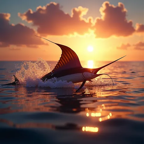 A LANDSCAPE SUNSET OSEAN SAILFISH SHILUET AND SPARLKING WATER SPLASH