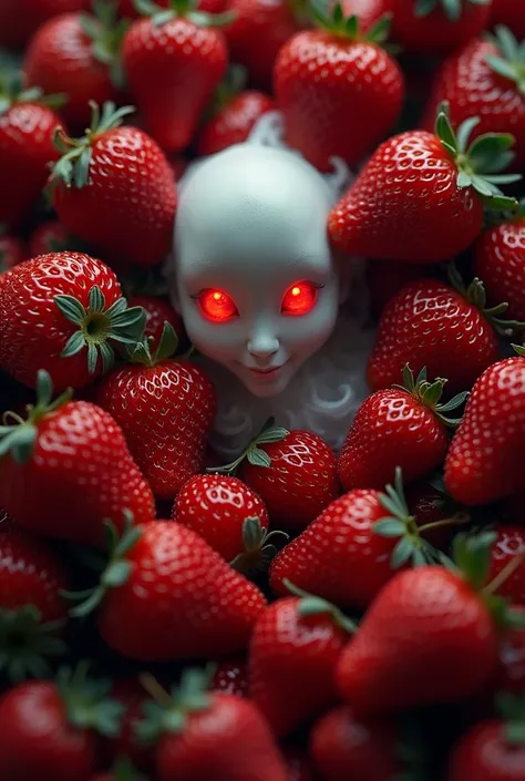 aeriel image of piles of lots of strawberries. hyper realistic. perfect lighting. dramatic. there is red ghostly eyes visible from the between the strawberries on bottom left (as is the there is ghostly figure under the pile); well hidden in between strawb...