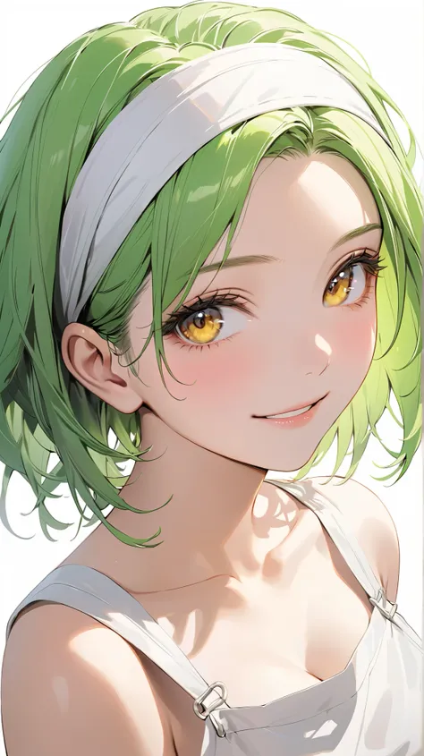 face details,semi realistic, Masterpiece, Master work, perfect , 4k,semi realistic, masterpiece, newest, absurdres, 1woman, short hair, average size breasts, short neon green hair,wearing headband, middle parted bangs, neon green colored hair, large forehe...