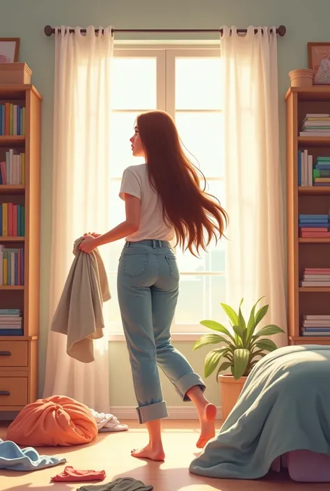 “The same young woman with long brown hair and casual clothes the previous scenes is now energetically cleaning and organizing her messy bedroom. She’s picking up clothes from the floor, folding them, and rearranging books on the shelves. The scene shows t...