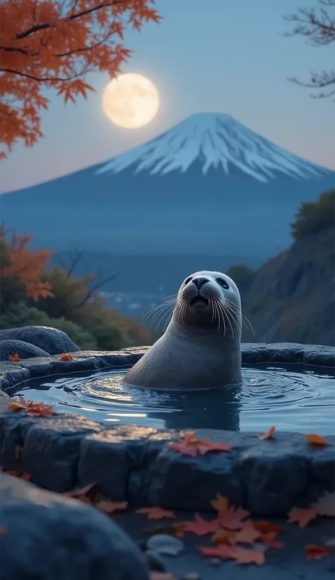 Realistic. Photorealistic. Image is vibrantly colored.
Photo,Highly detailed

A baby seal is enjoying a bath in a rock bath,
in the background is a rock bath in an outdoor stall in the mountains with rugged rocks rolling around,
fallen leaves are scattered...