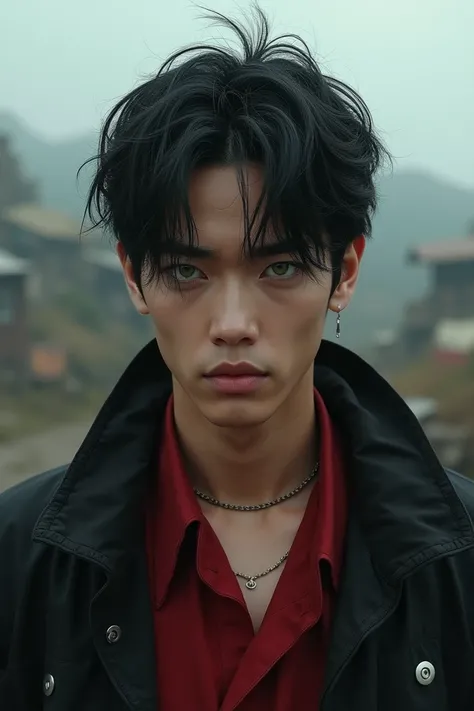  A Korean teenage man in an apocalyptic setting,  wearing a black jacket and red blouse ,  messy black shoulder-length hair , a serious look, had naturally green eyes ,  he is a very handsome boy .