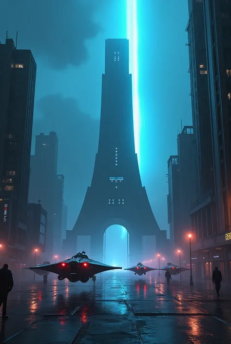 art conceptual  |  A dark and rainy night that falls on a futuristic and dystopian city, a squad of Tron attack ships shooting at an armored tower with a blue light pointing skyward