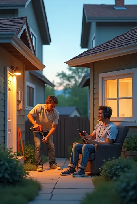 a person using the drill at home and next door a person playing video games with headphones