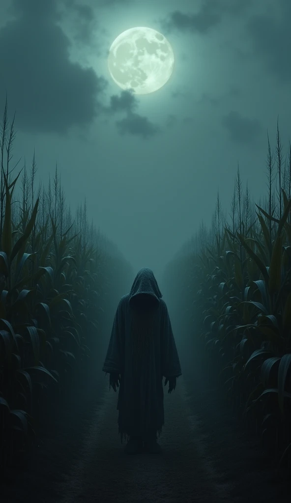 "Drone-like aerial view of a foggy cornfield at night under a full moon, dense clouds above. A hooded scarecrow in heavily torn, gray, ragged clothes walks hunched over, head down, along a narrow path between tall corn stalks, shadowy and eerie atmosphere....