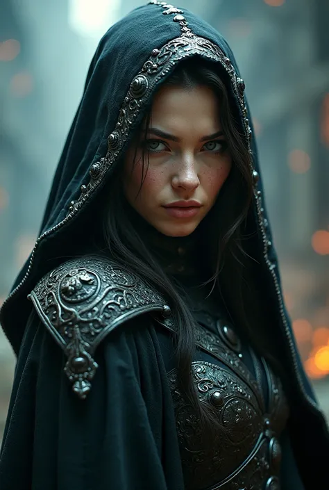 A highly detailed, futuristic sci-fi portrait of a powerful female mage in dark magic, intricate facial features, dramatic lighting, cinematic composition, deep rich colors, photorealistic, hyper detailed, concept art style